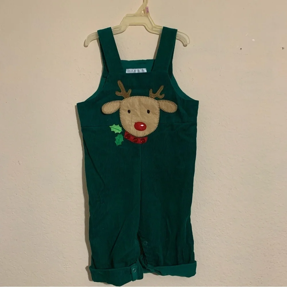 RARE EDITIONS, 12 Months, Corduroy Christmas Reindeer Overalls 2 Pc.Set